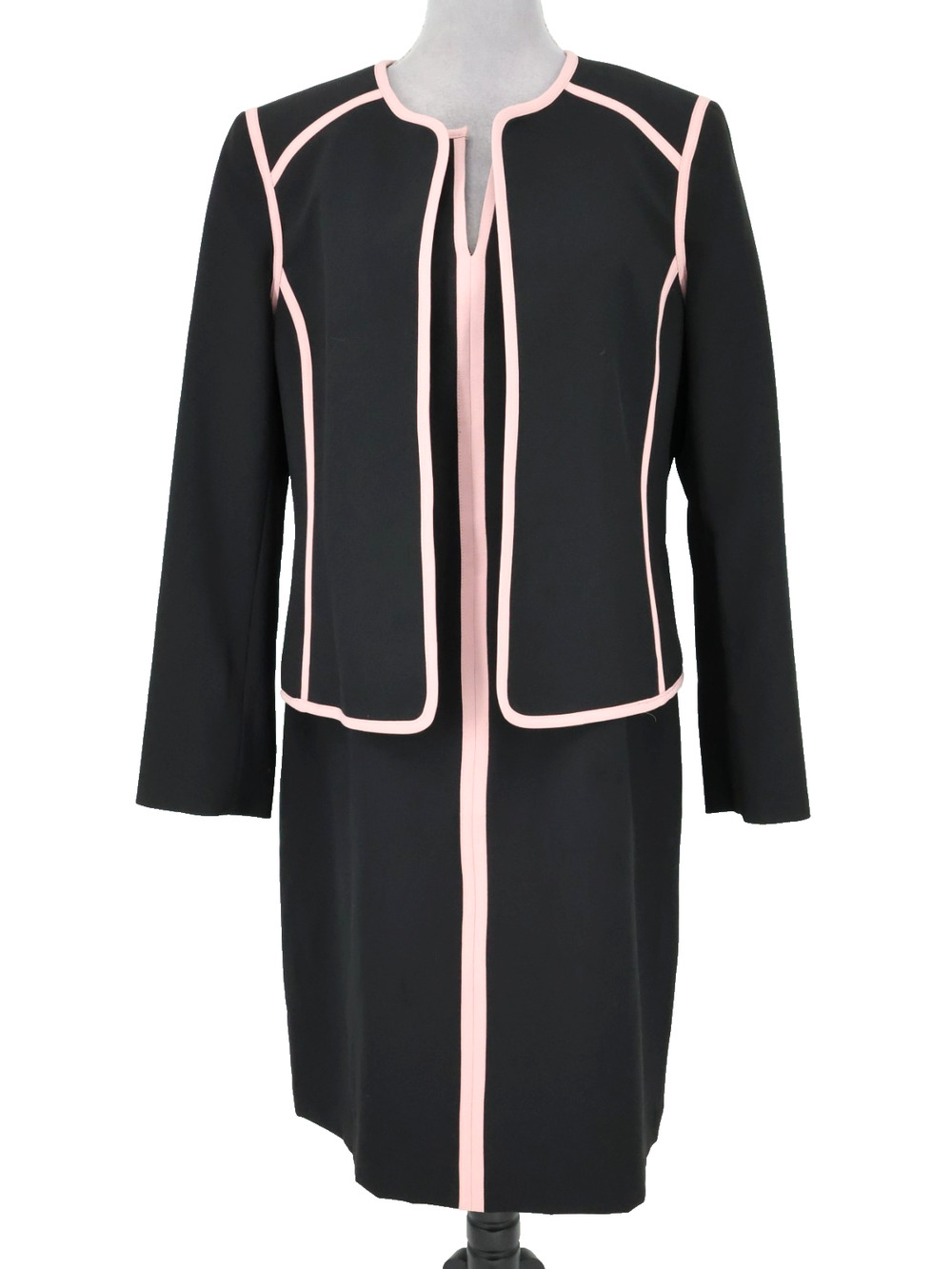 Evan Picone Black Label Suit Womens 12 Dress and Jacket Black Pink Trim Lined